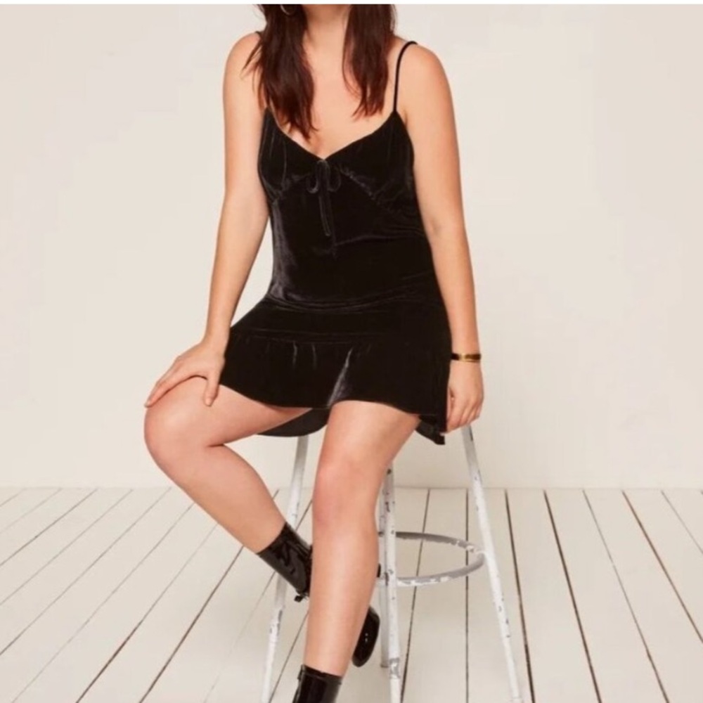Reformation Polly Black Velvet & Silk Swing Mini Dress